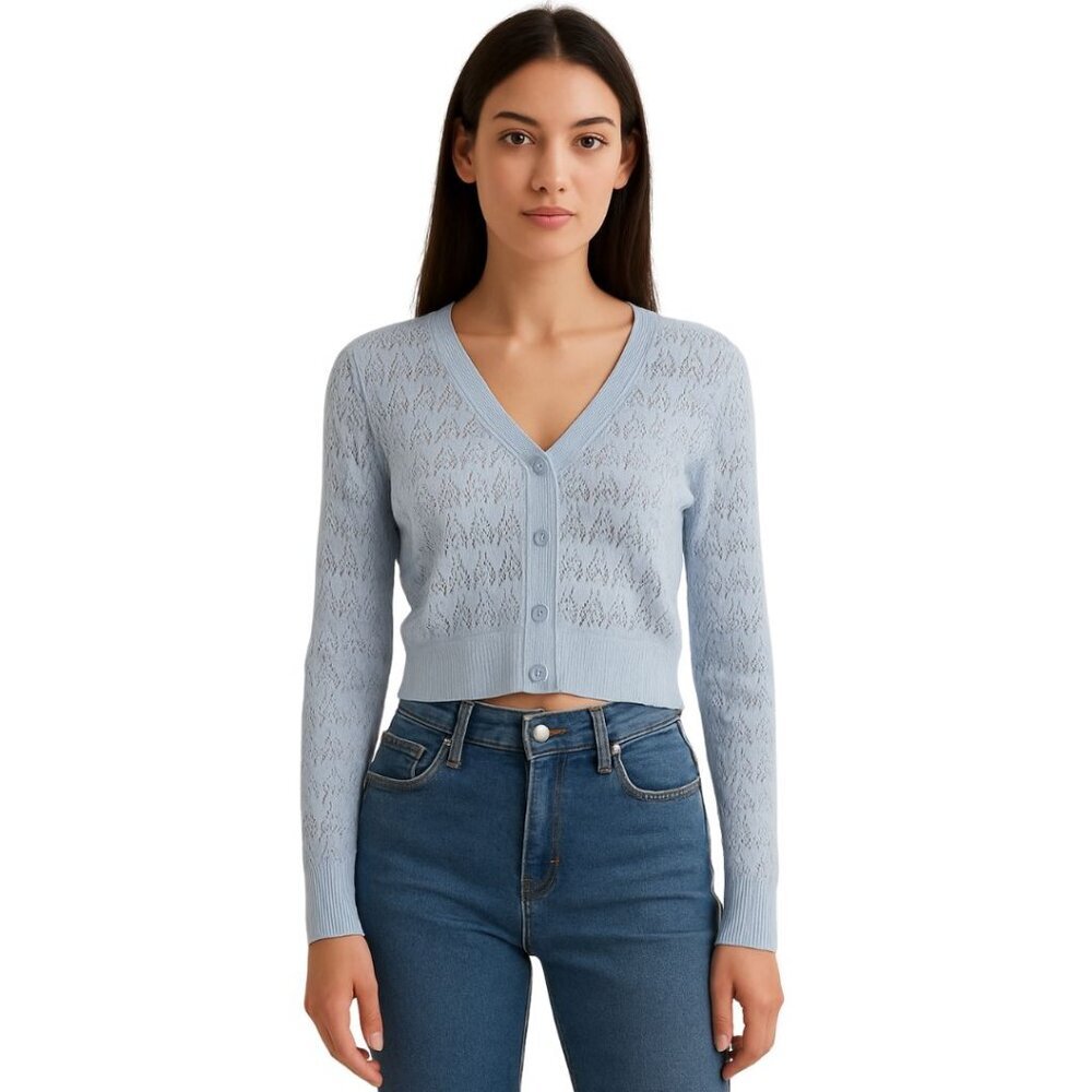 NWOT DKNY Jeans Baby Blue Pointelle Knit Cropped Cardigan Size Small